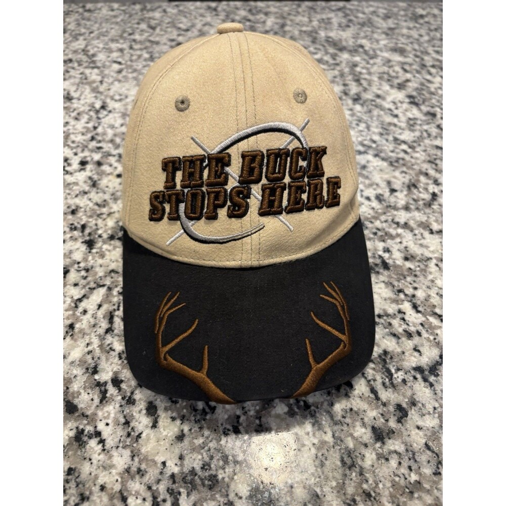 The Buck Stops Here Hat Cap Strap Back Tan Hunt Deer Antler Hunting Mens Hunter